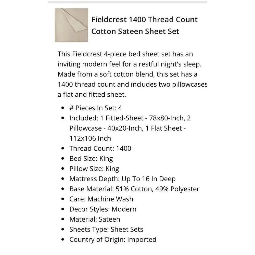 Fieldcrest 1400 Thread Count Bed Sheet Set Light Taupe